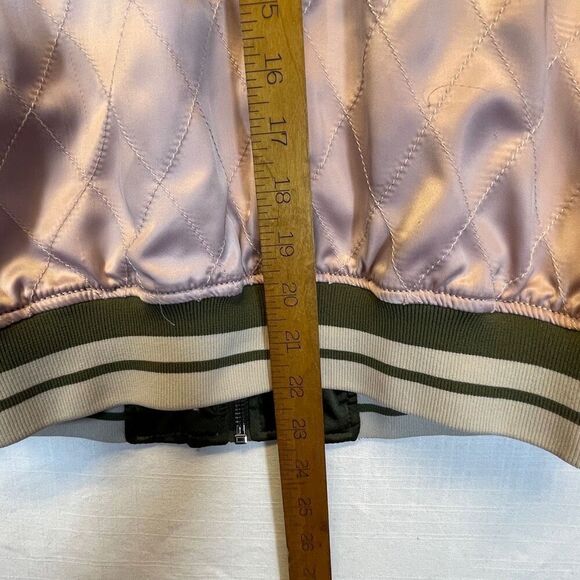 Express Green Cream Reversible Embroidered Satin Bomber Jacket Size Small - Picture 12 of 12